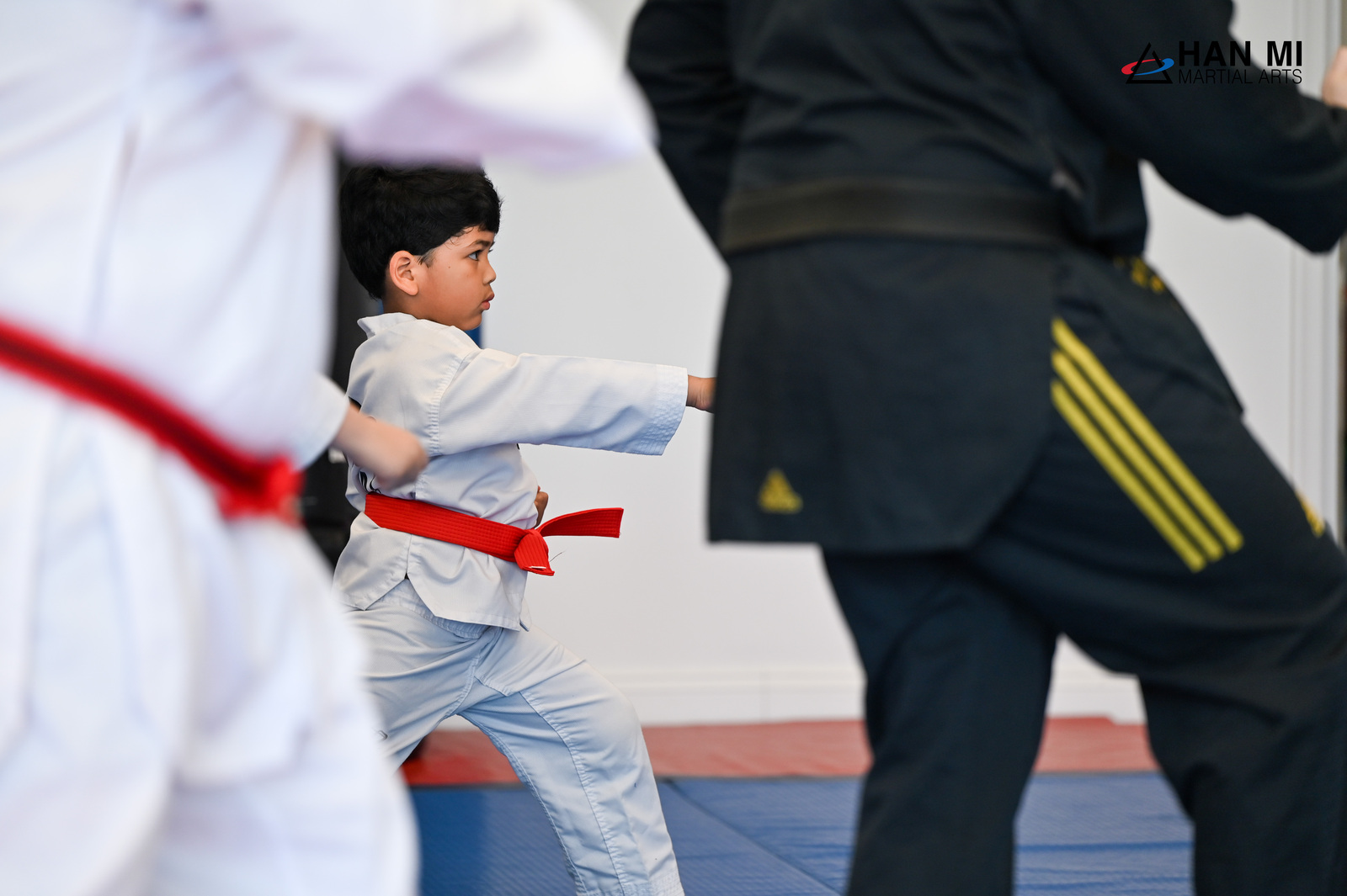 A young Taekwondo student with a red belt practicing a punch