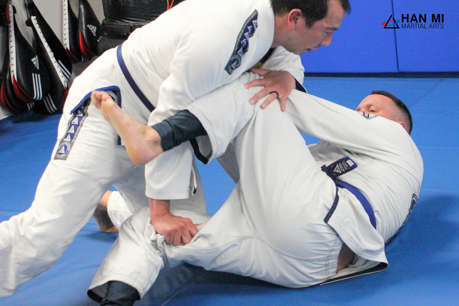 Adult jiu-jitsu students grappling in class