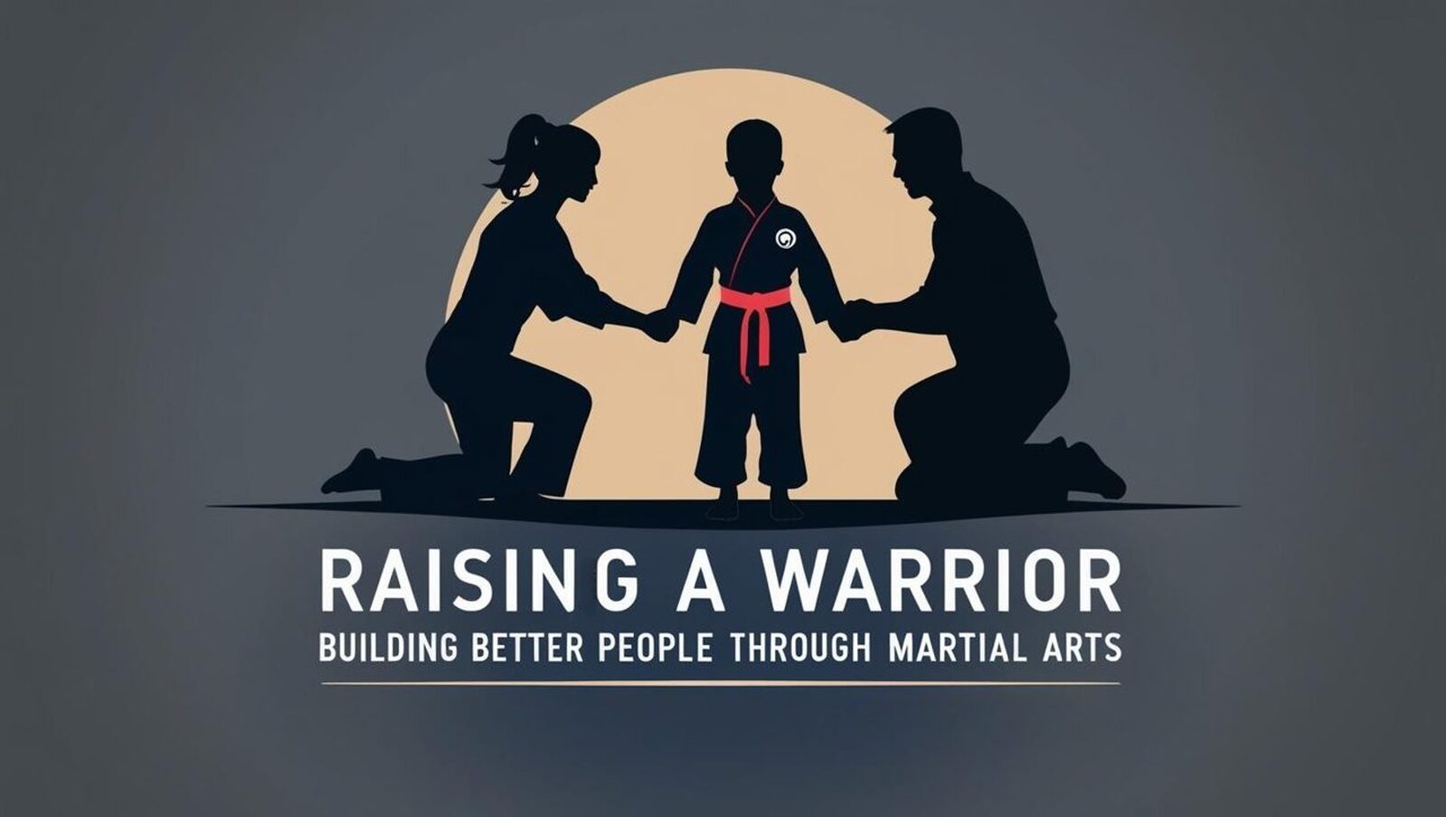 Raising a Warrior artwork for â€œADHD and martial artsâ€: silhouette of a child in a martial arts uniform and red belt holding hands with two kneeling parents.