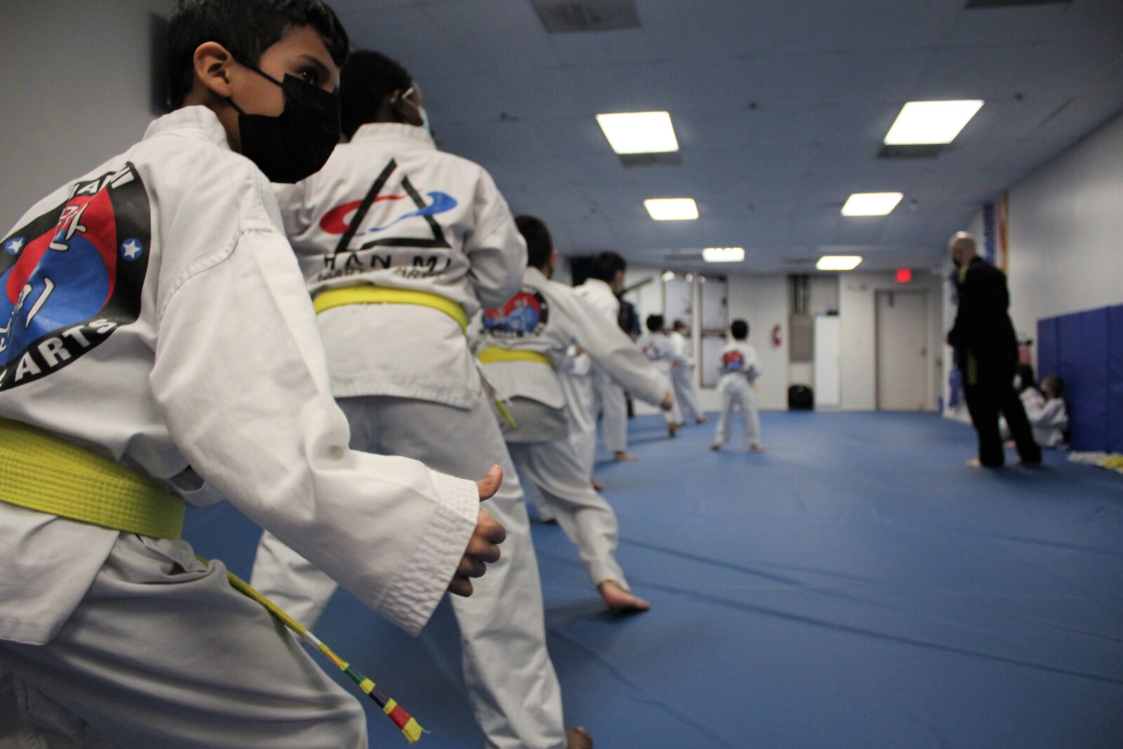 Taekwondo students lined up kicking a bag