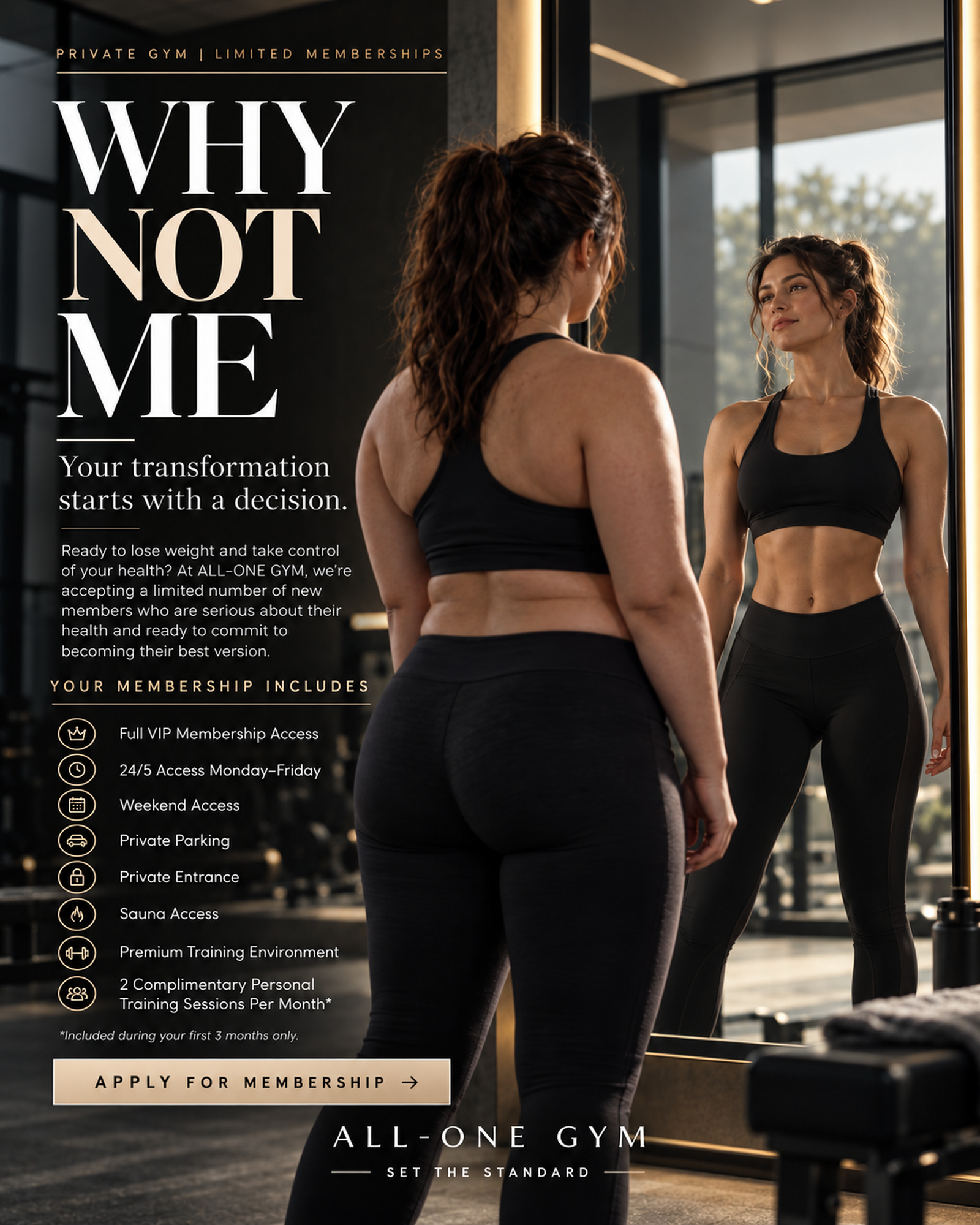 WHY NOT ME: a woman imagines a stronger version of herself in a luxury gym mirror