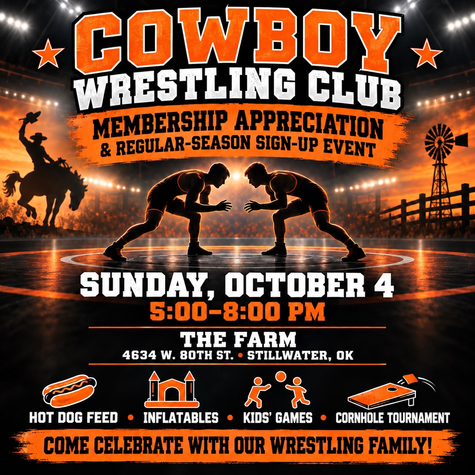 Cowboy Wrestling Club Membership Appreciation and Folkstyle Sign-Up Event flyer
