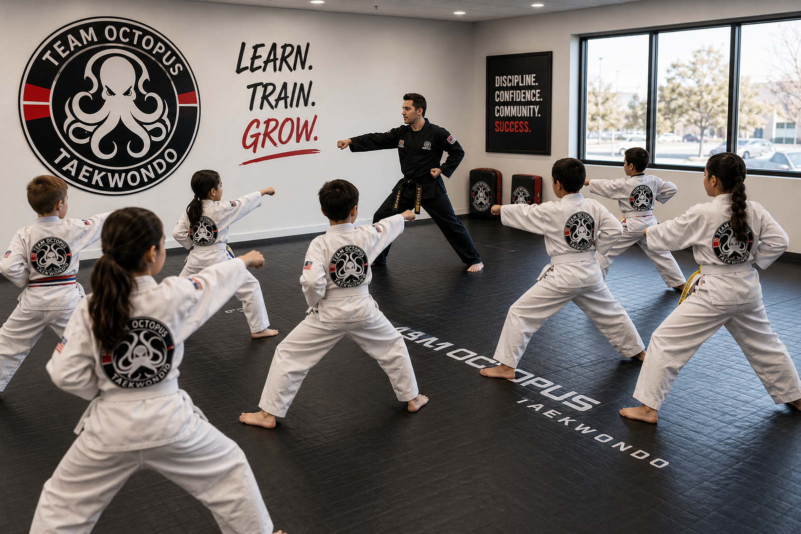 Homeschool students studying at desks inside martial arts academy