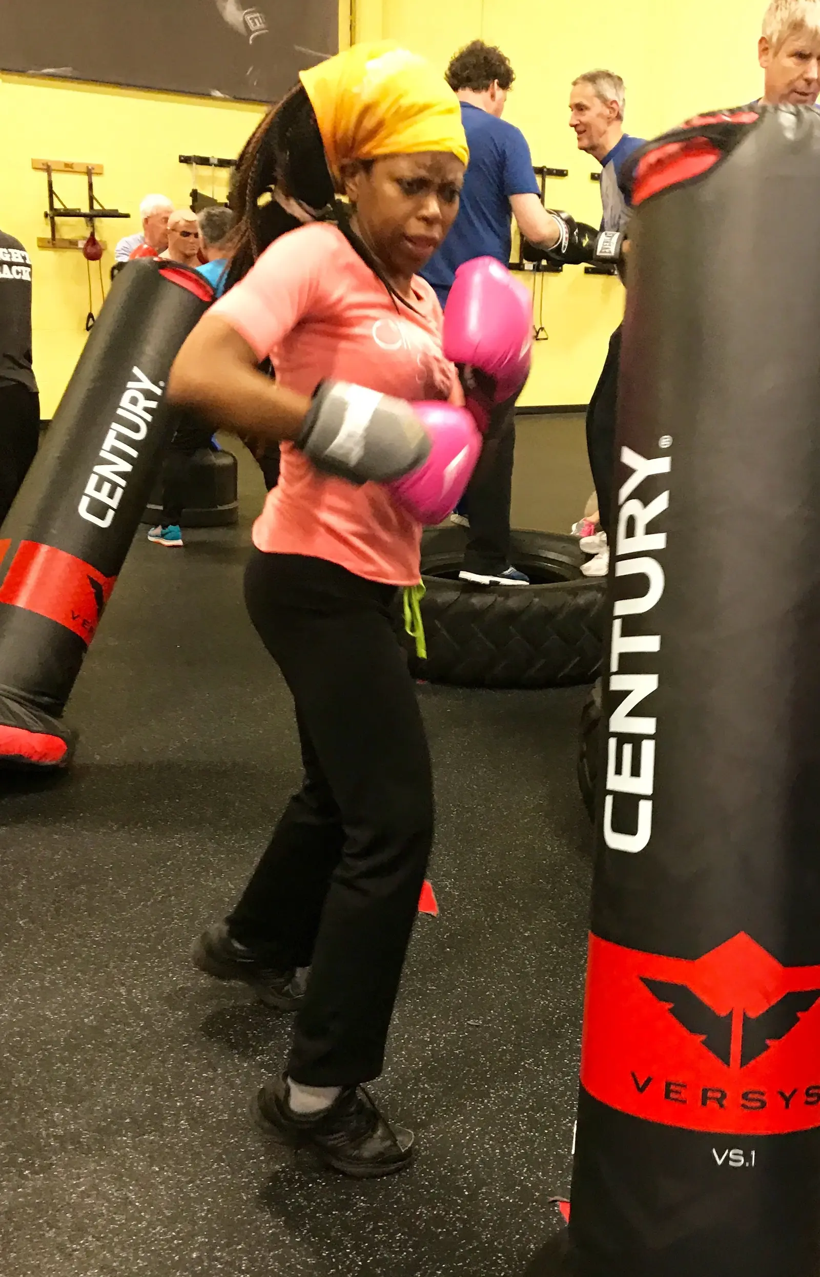 Boxer training on heavy bag at Wise Owl Fit