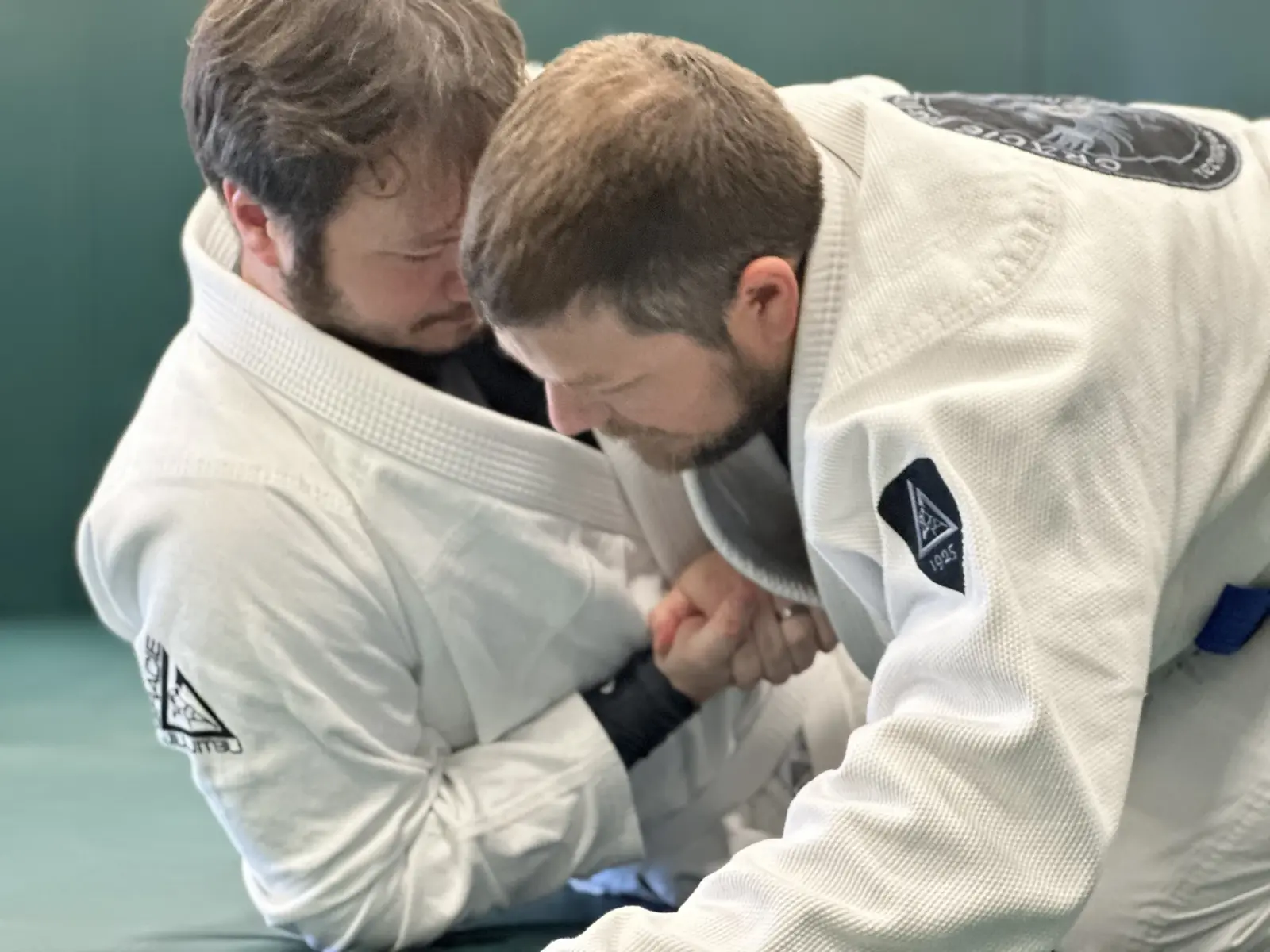 Two adults practicing grips in white gis