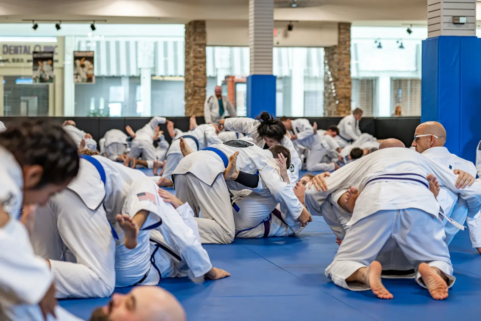 Jiu-jitsu practitioners studying partner techniques during a training seminar