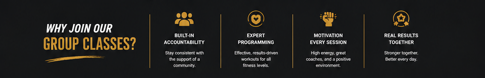 Why join our group classes? Built-in accountability, expert programming, motivation every session, real results together.