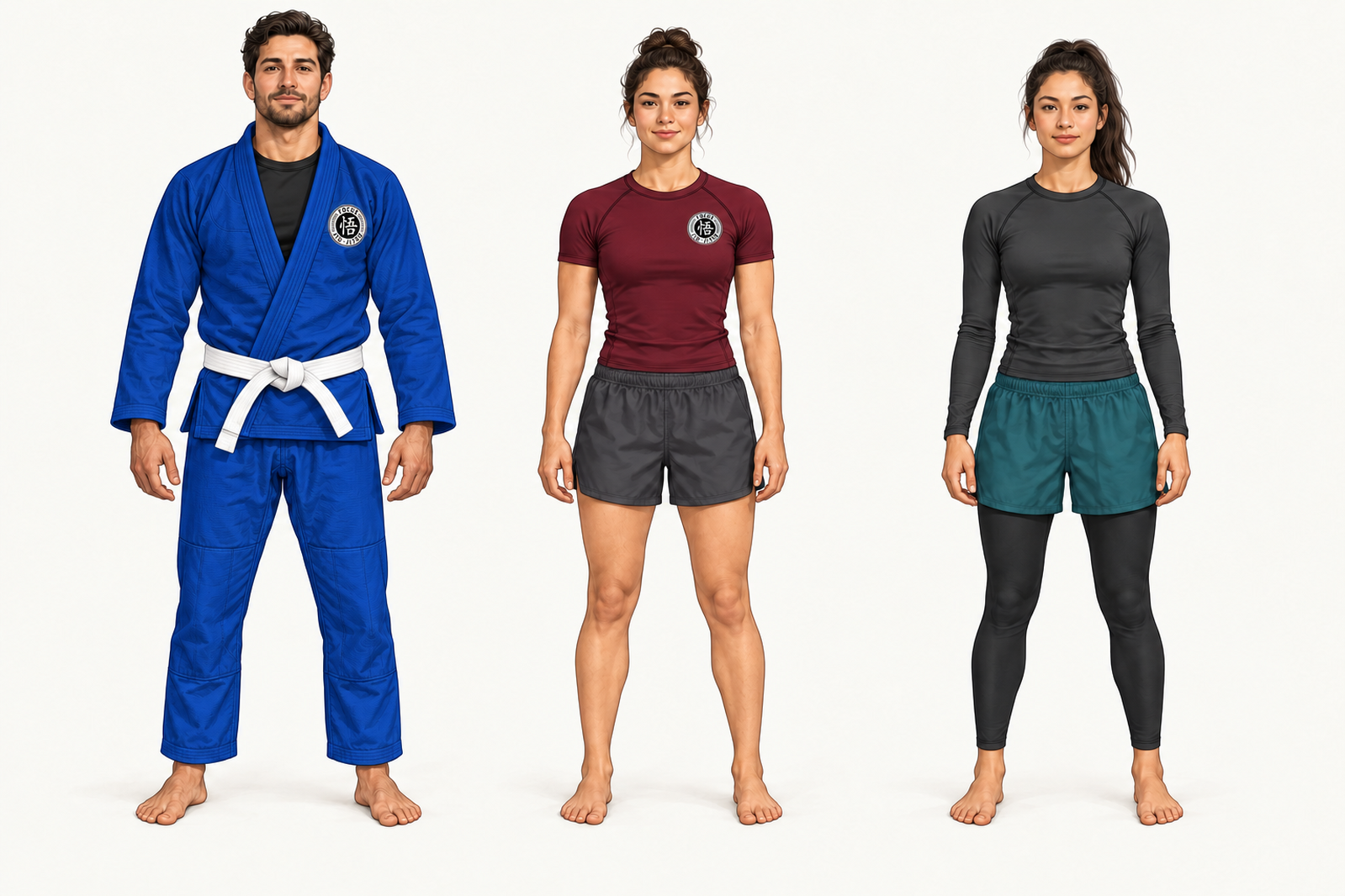 Man wearing a blue Jiu-Jitsu gi and white belt with a black rash guard underneath and Focus chest logo