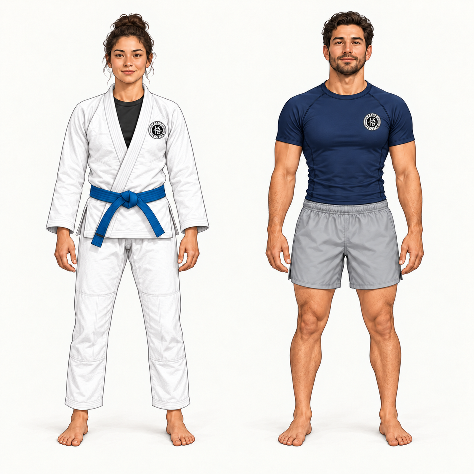 Woman wearing a white Jiu-Jitsu gi and belt with a black rash guard underneath