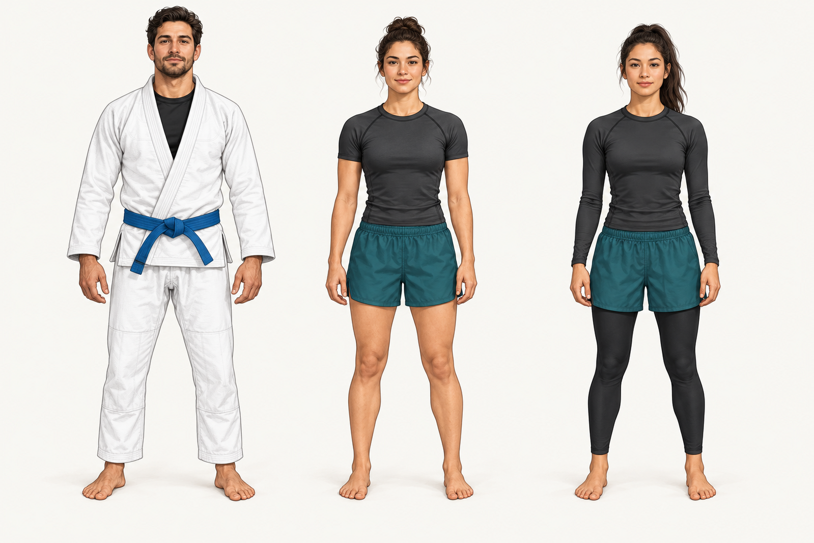 No-Gi outfit with spats: a long-sleeved rash guard and grappling shorts worn over full-length leggings