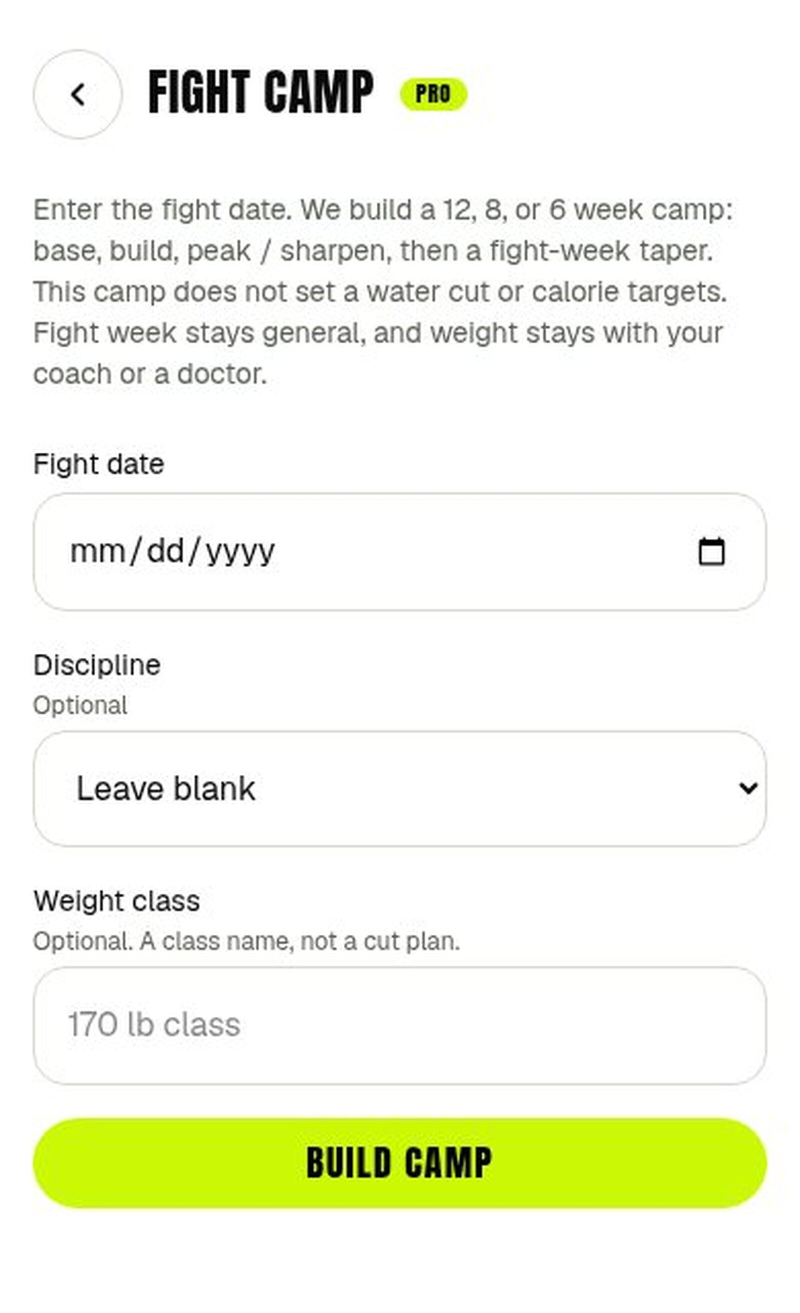 SVG Performance app: fight camp setup, enter your fight date