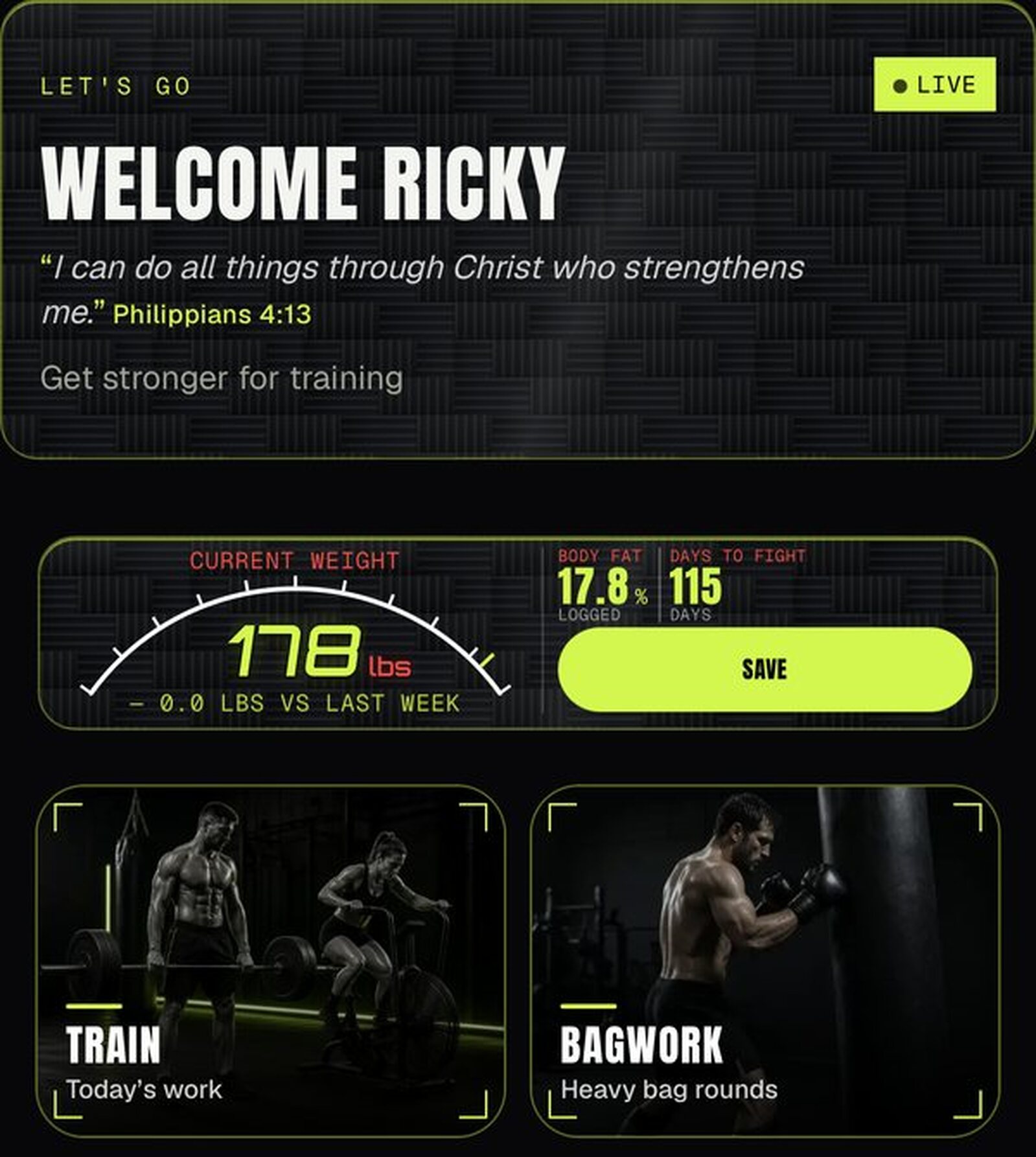 SVG Performance app home screen with weight, body fat and days to fight