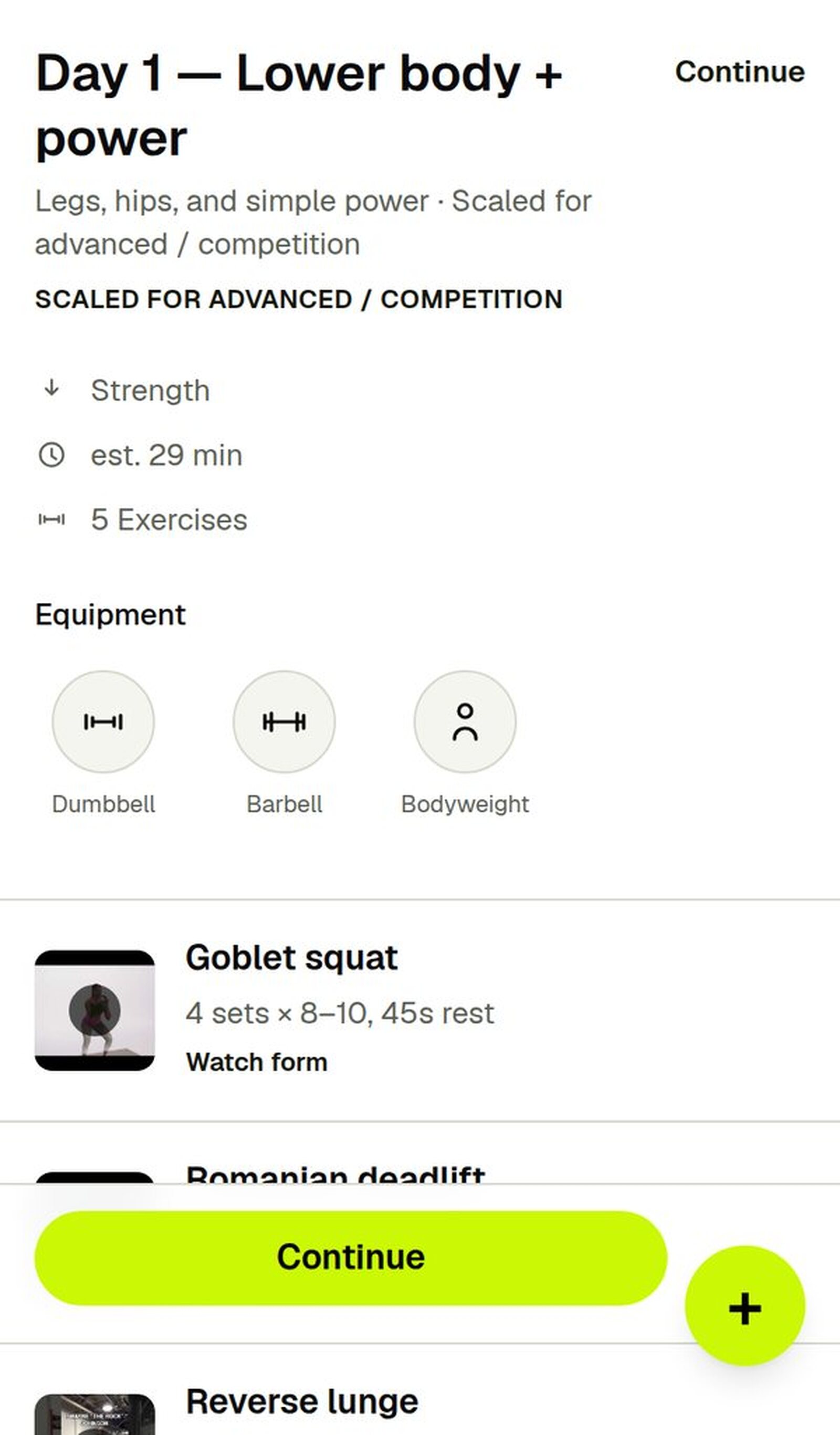 SVG Performance app: strength day, lower body and power, scaled for advanced and competition
