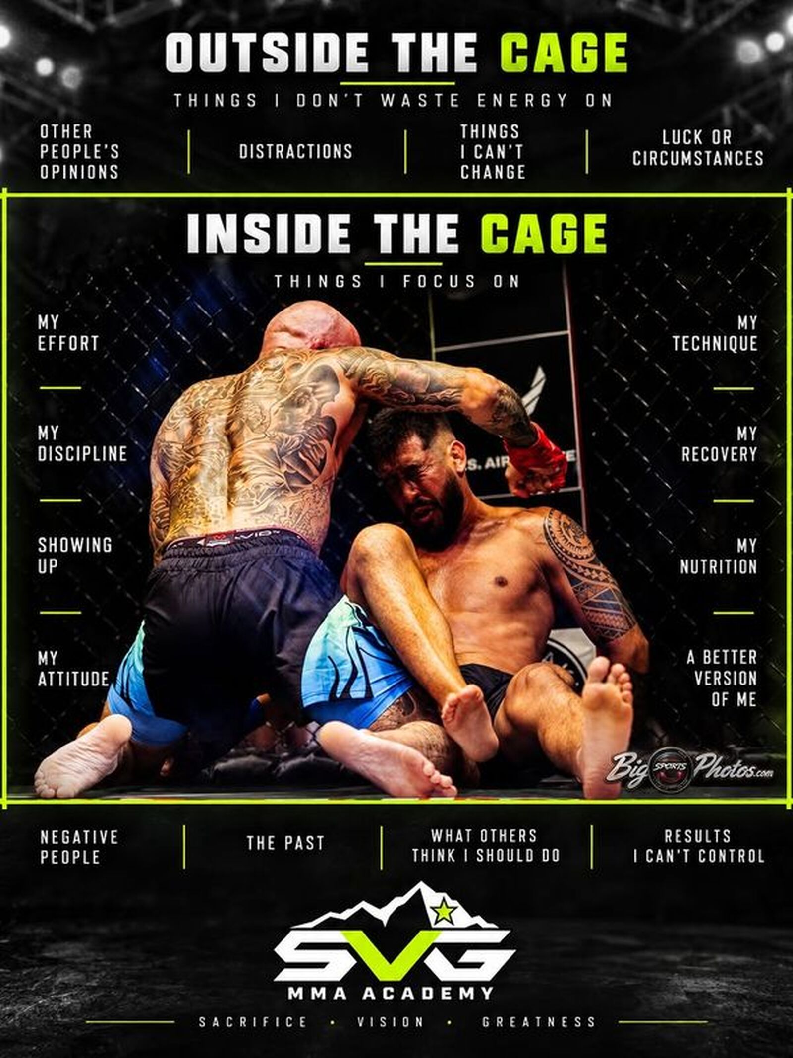 SVG MMA Academy Instagram post: Control your effort. Protect your focus. Let the rest go. ⚔️ Sacrifice. Vision. Greatness.