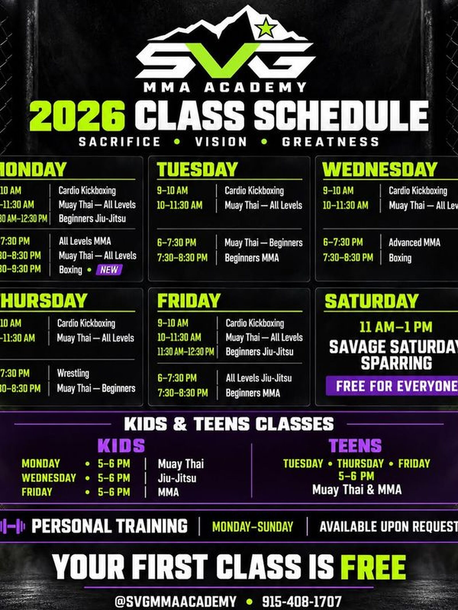 SVG MMA Academy Instagram post: Save the schedule. Pick your class. Put in the work. ⚡ 🥊 Classes for adults, kids & te