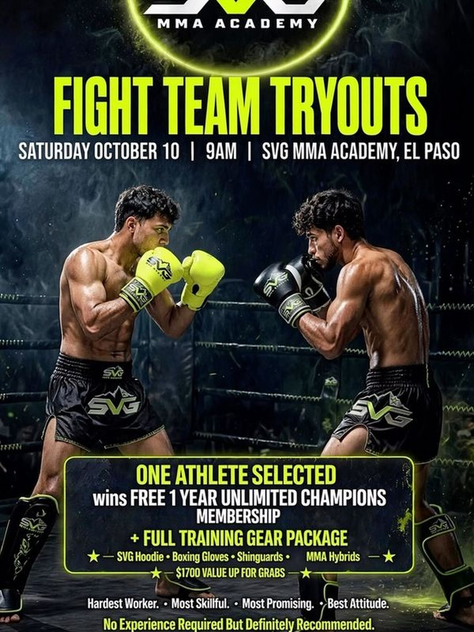SVG MMA Academy Instagram post: Your opportunity starts here. 🥊 SVG MMA Academy Fight Team Tryouts 📅 Saturday, October 10 