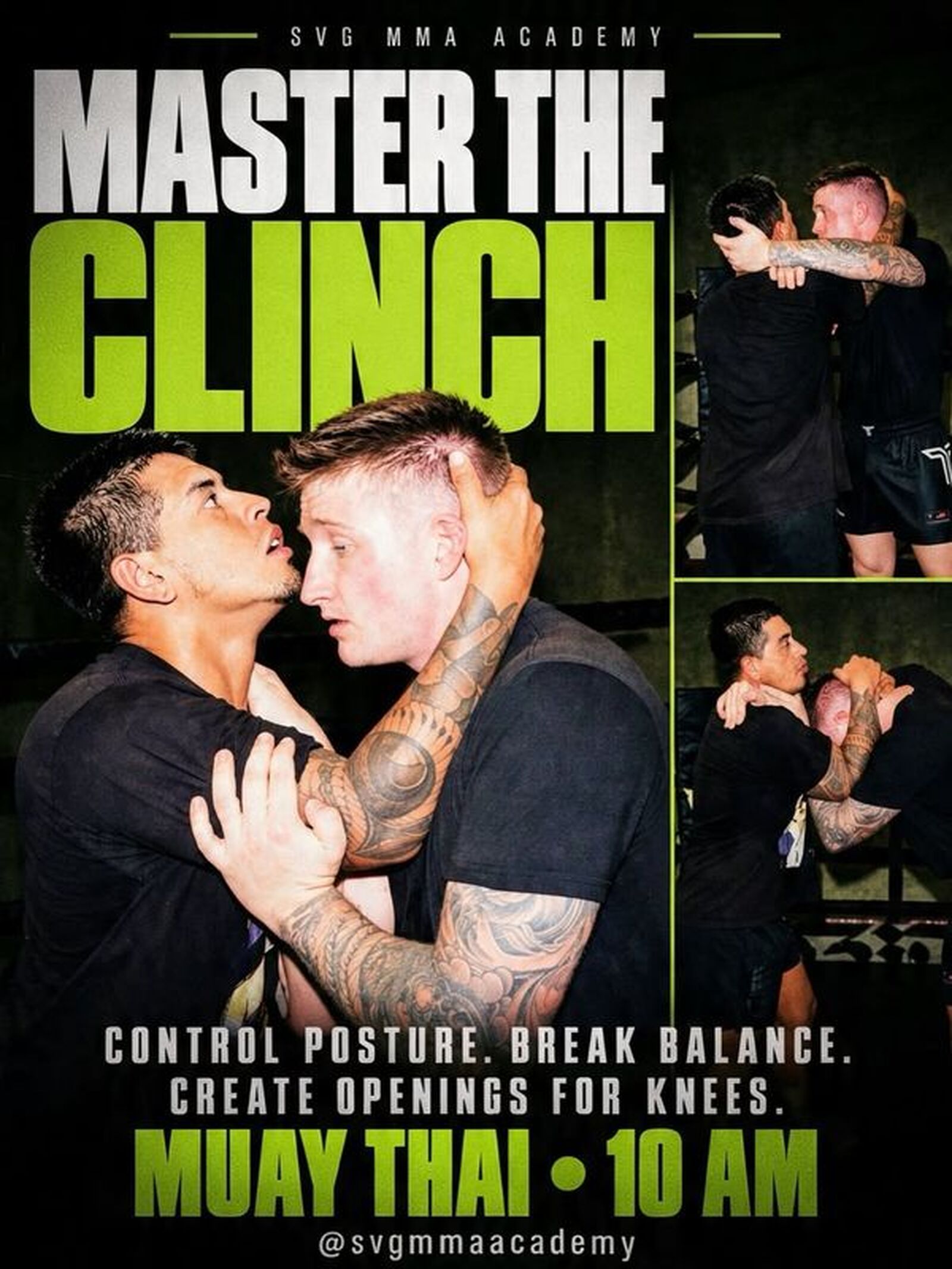 SVG MMA Academy Instagram post: The clinch is where control takes over. Master posture, break balance, create openings, an